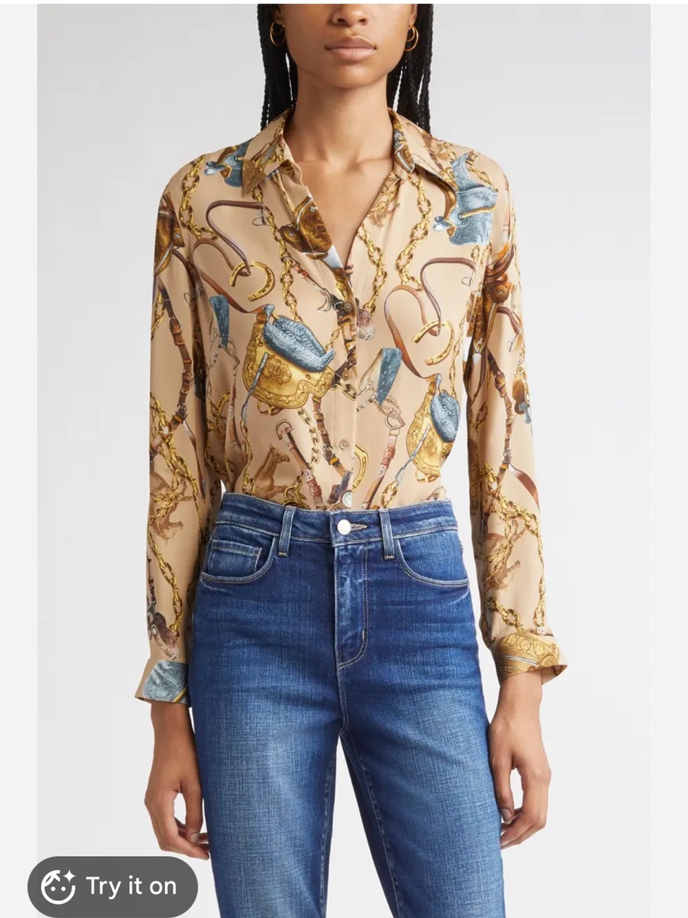 L’agence Nina Chain Print Silk Buttony Up equestrian Shirt MED